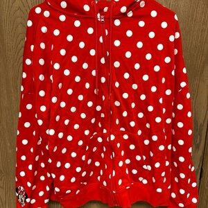 Disney Minnie Mouse Ears Full Zip Hoodie Women's Large Polka Dot Red Sweatshirt